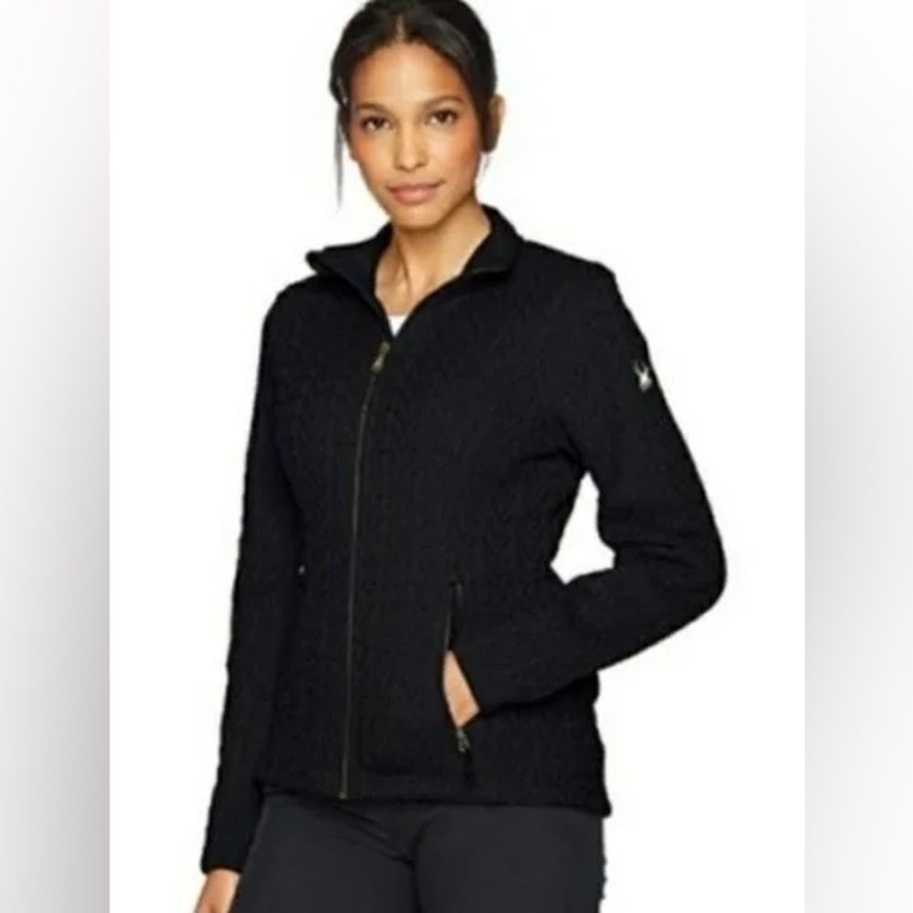Spyder Major Cable Stryke zip up Large Fleece lined Black Jacket w/ pockets EUC